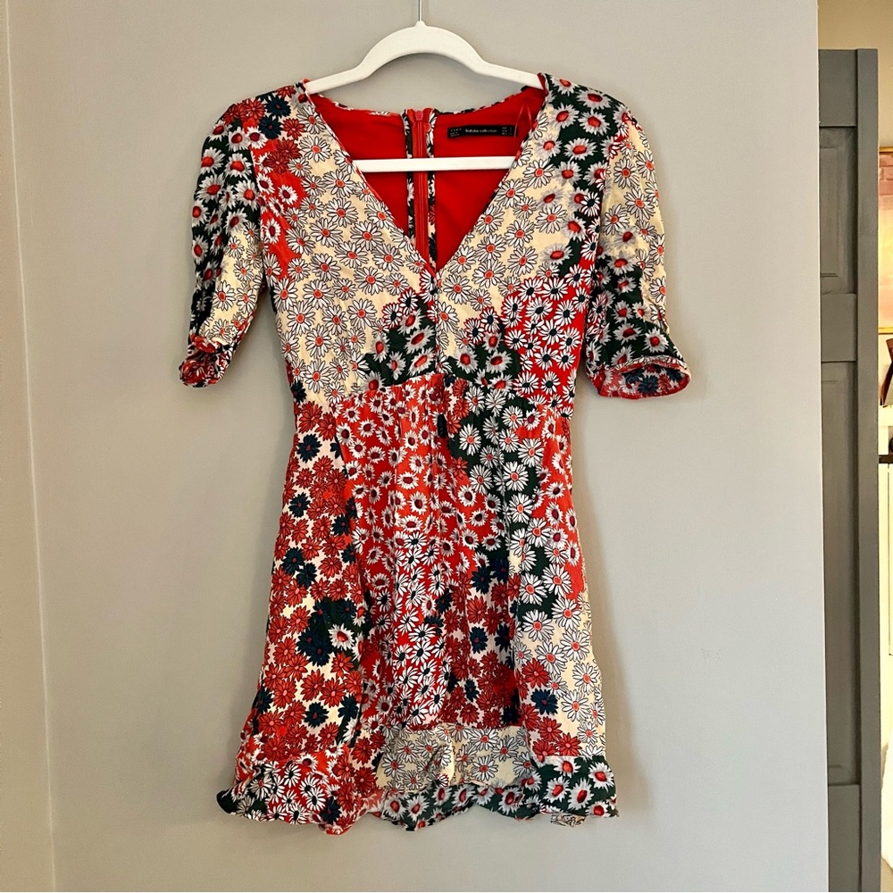 Zara Trafaluc red floral patchwork mini dress with zip back and deep V
